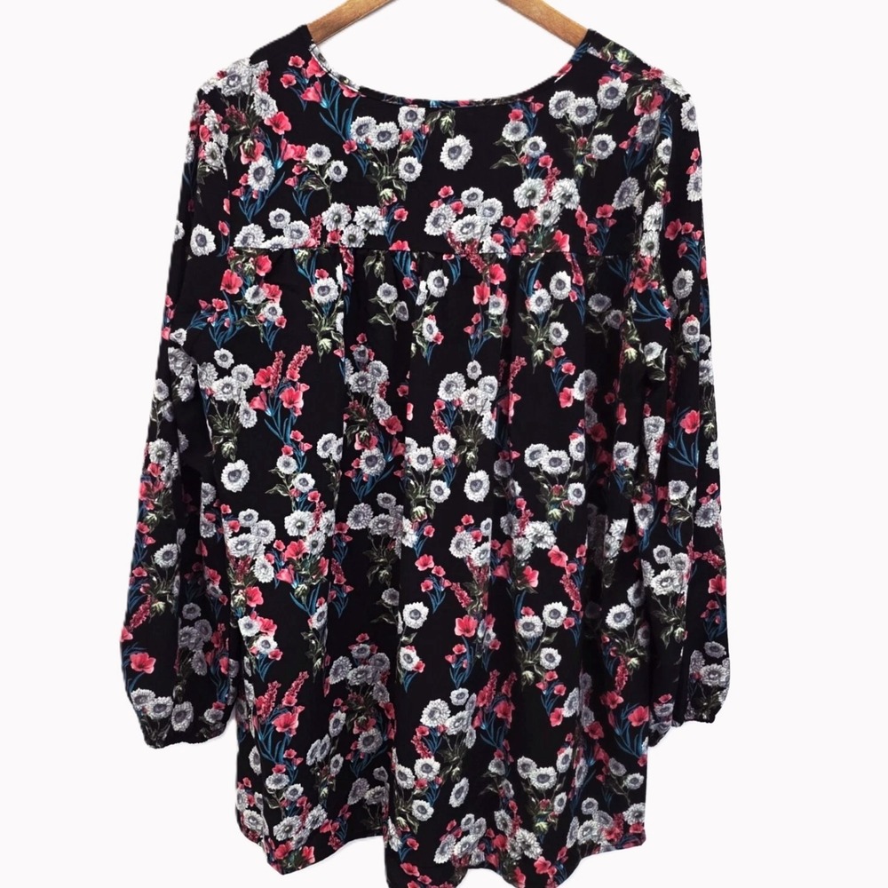 Black Floral Boho Peasant Tie Neck Long‎ Sleeve Top Womens L (Estimated)